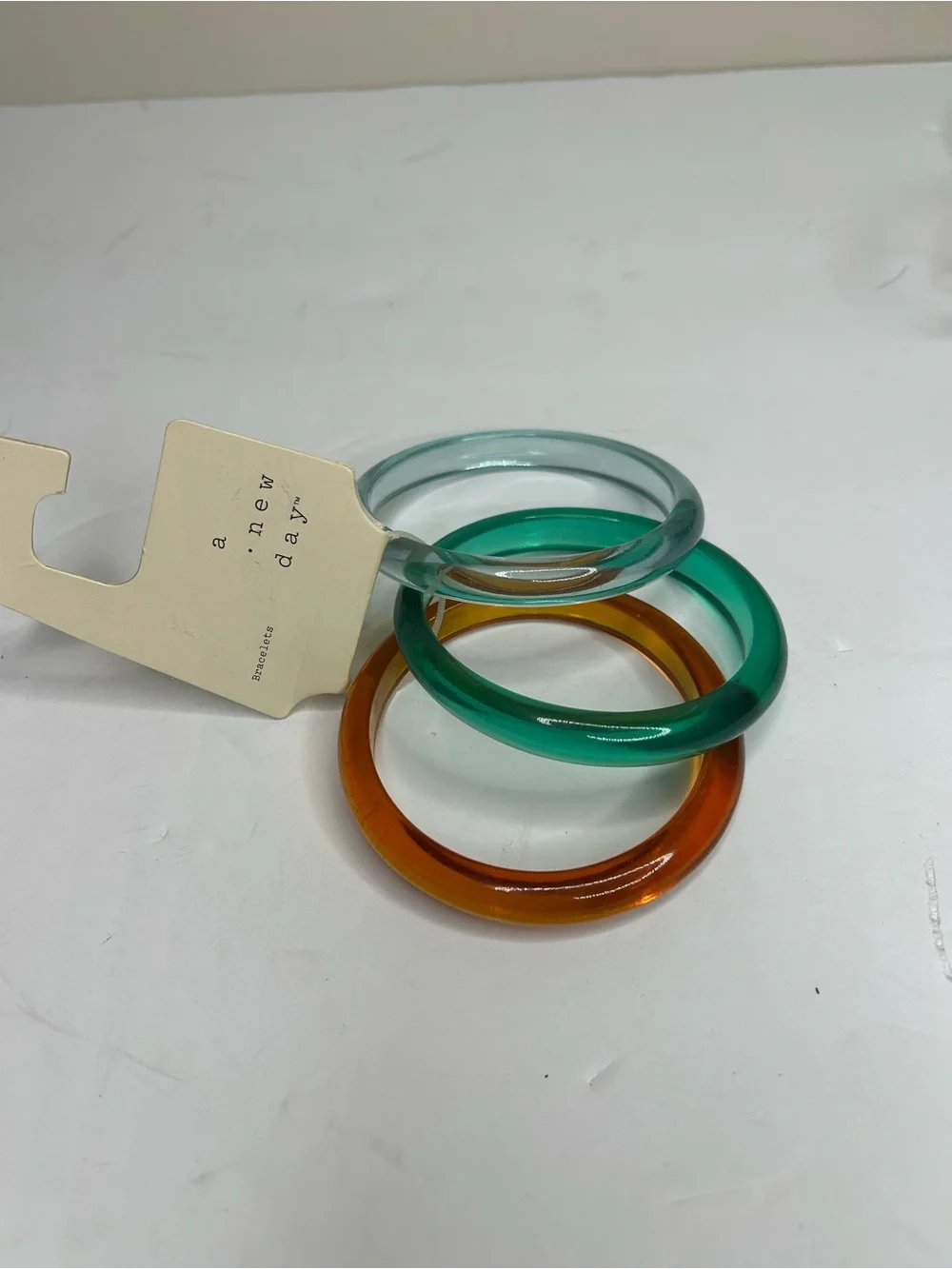 a.new day Glossy Iridescent Bangle Set - Amber, Teal, Aqua NEW WITH TAGS